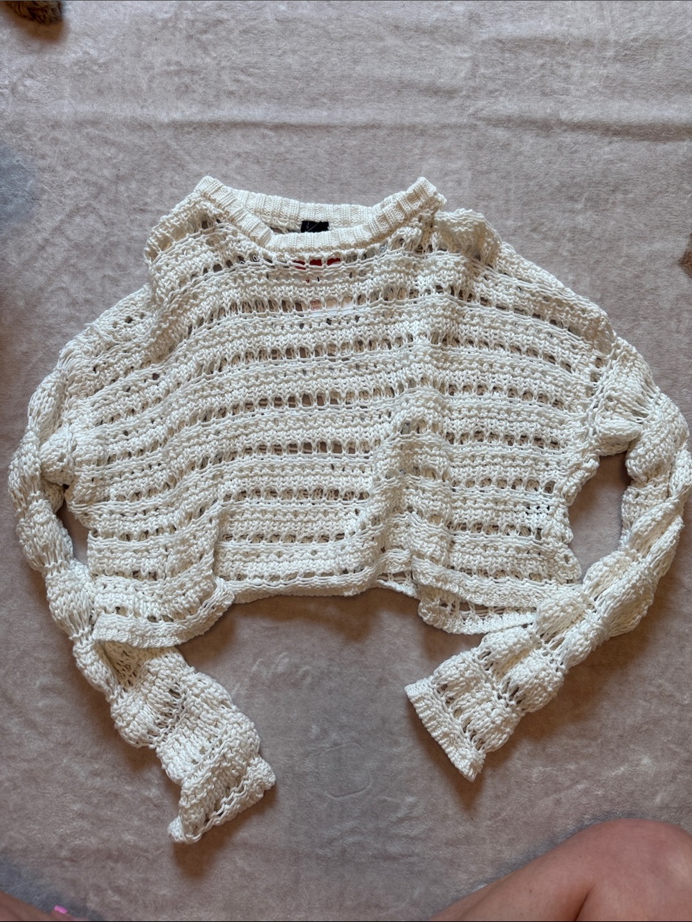 Open-Knit Cropped Scoop Sweater in Cream